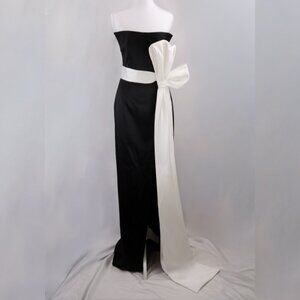 Ozgur Masur Satin Two-Tone Bow Strapless Gown, Black/White, Size EU 40